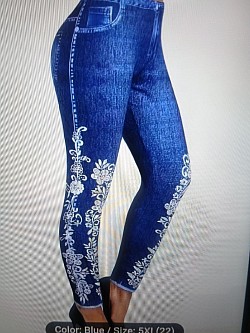 Blue faux denim leggings w/elegant white flower designs. $12.00 Size 3x= size 20 to 22